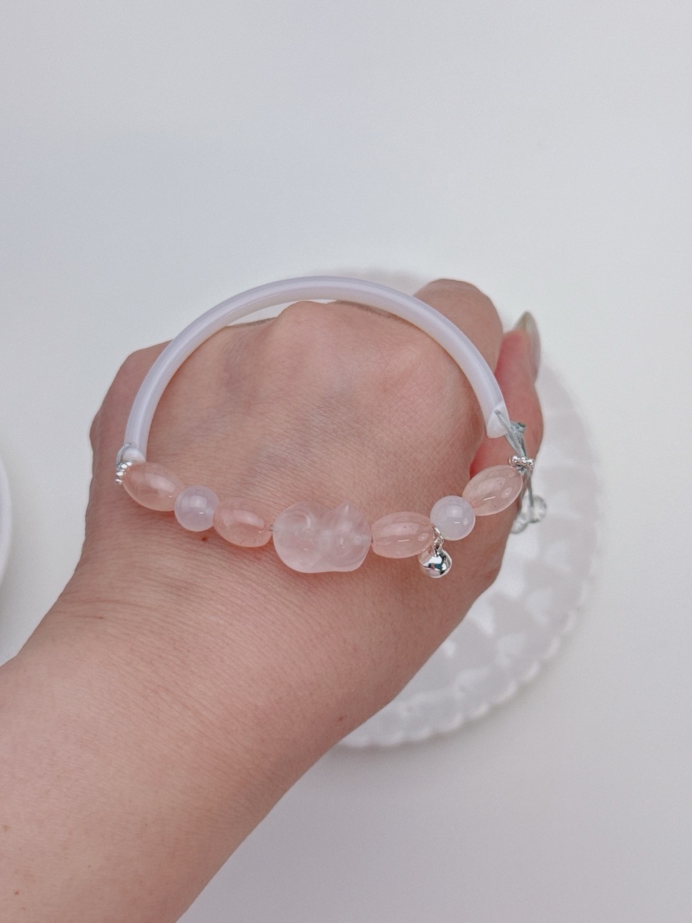 GB99 Handmade Half Bangle Bracelet Rose Quartz Agate Free size - Picture 5 of 7